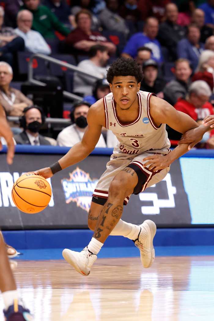 Mar 15, 2022; Dayton, OH, USA; Texas Southern Tigers guard PJ Henry (3) dribbles down court in the first half against the Texas A&M-CC Islanders in the first half during the First Four of the 2022 NCAA Tournament at UD Arena. Mandatory Credit: Rick Osentoski-USA TODAY Sports